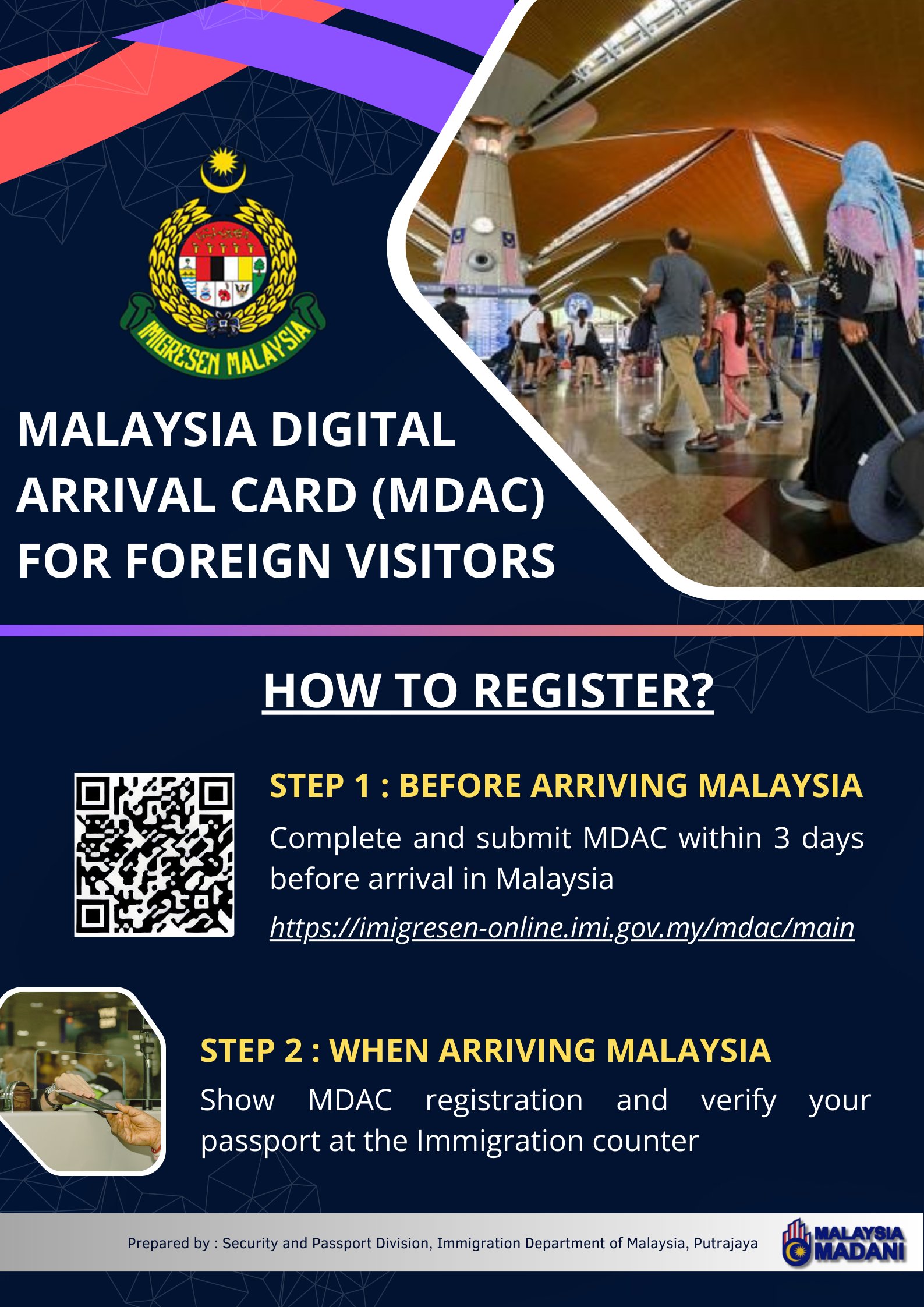 馬來西亞移民局 MDAC 官方圖解:抵達前 3 天內上 imigresen-online.imi.gov.my/mdac/main 填寫,抵達時在入境櫃檯出示
