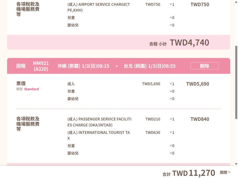 樂桃官網支付明細:MM921 1/3 Standard 票價 TWD5,690,稅費 TWD840,合計 TWD11,270